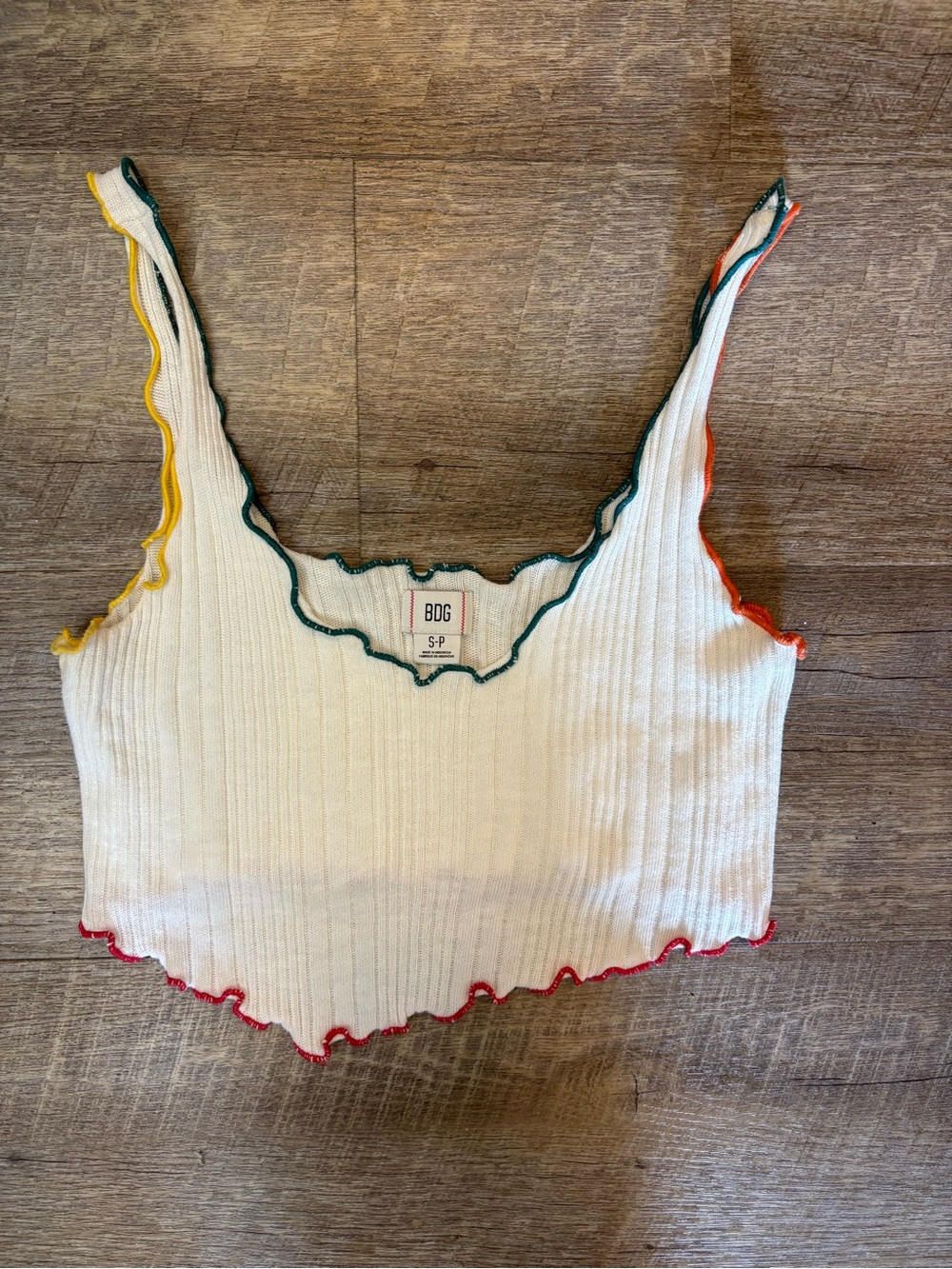 BDG White Ribbed Cropped Tank with Asymmetrical Multicolor Lettuce-Edge Trim
